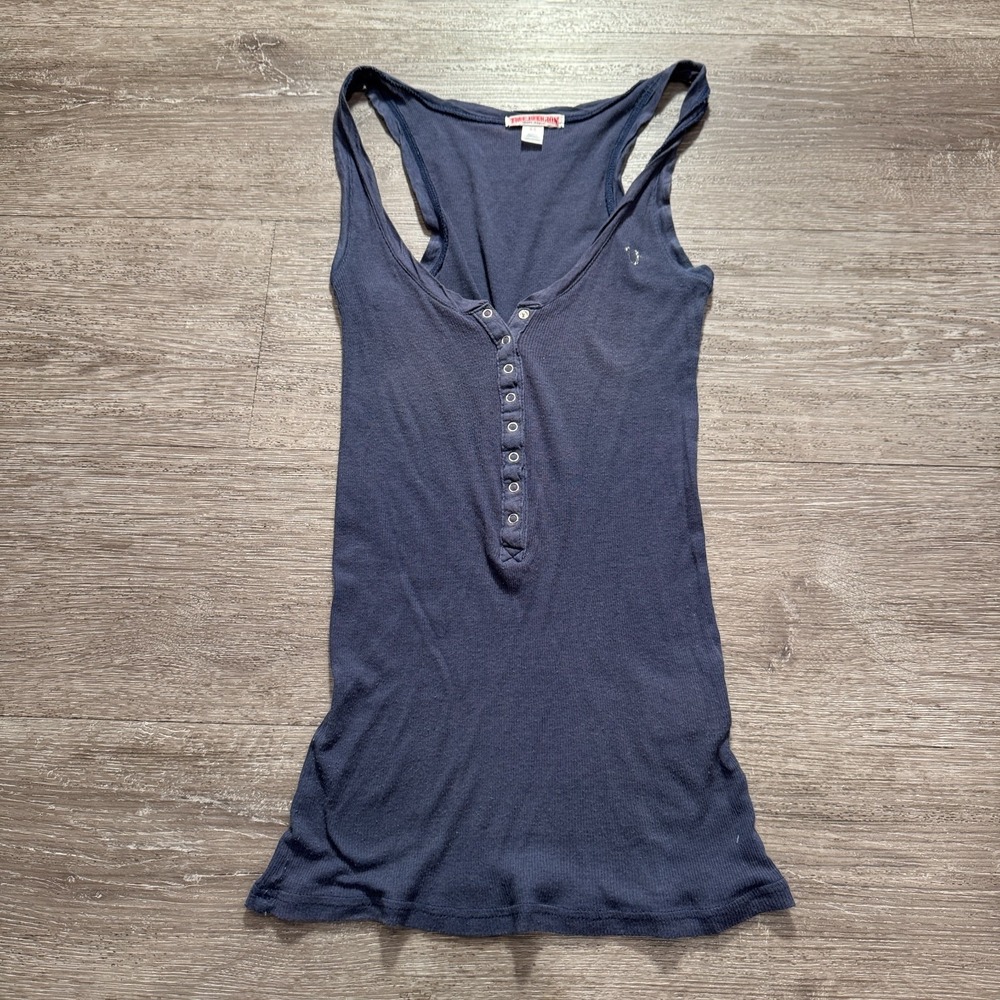 True Religion Tank Top Womens XS‎ Blue Ribbed Henley Athleisure Baby Doll Y2K